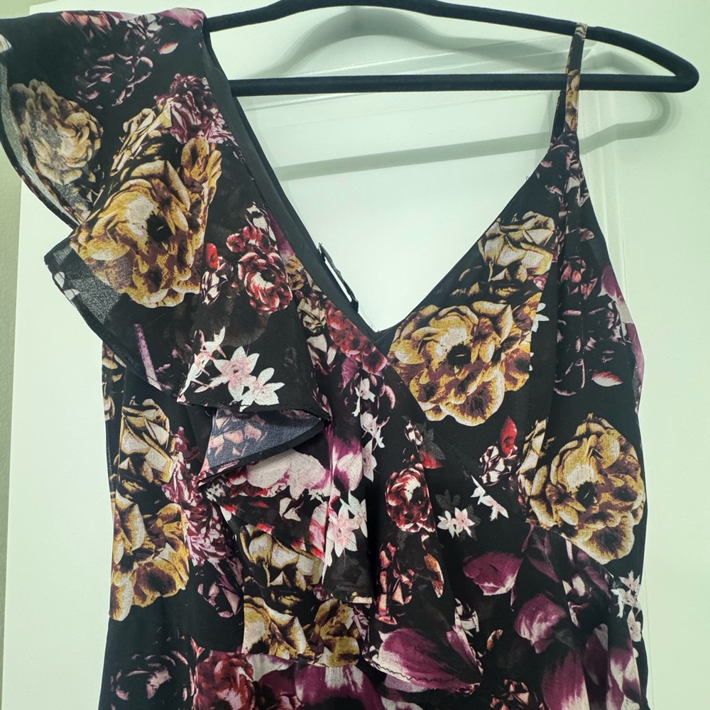 bebe One Shoulder assymetrrical Floral Dress - Black and Purple